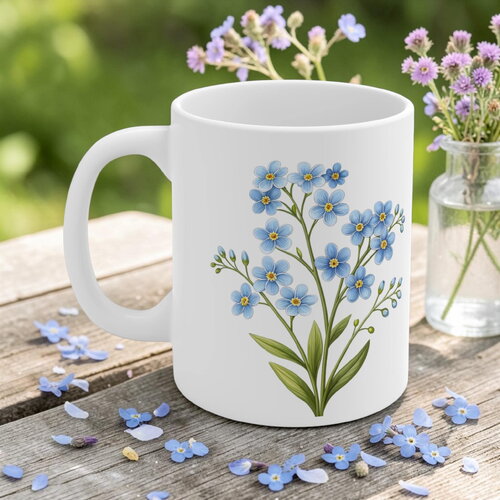 Mug myosotis fleurs bleues – tasse aquarelle botanique forget-me-not, cadeau symbolique & souvenir