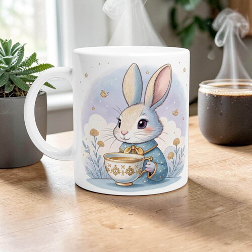 Mug lapin tea time – tasse aquarelle féérique, cadeau onirique & heure du thé