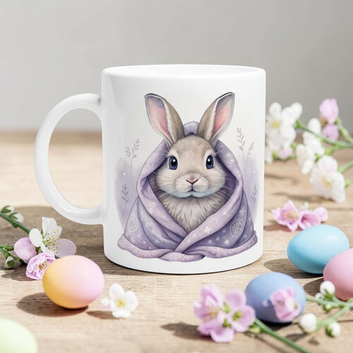 Mug lapin au plaid lavande – tasse aquarelle douceur, cadeau cocooning