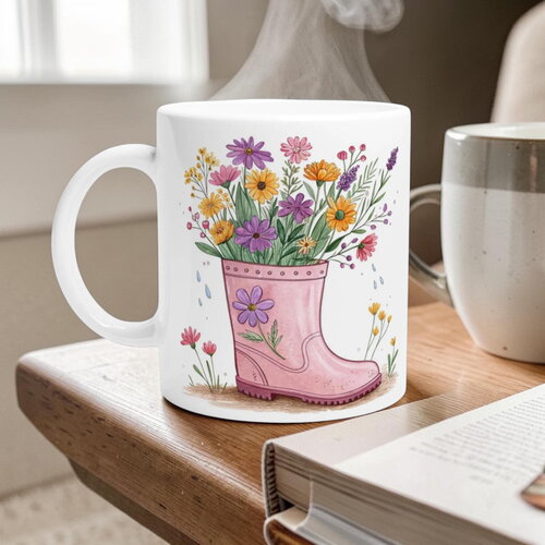 Mug botte de pluie rose & fleurs sauvages – tasse aquarelle printemps, cadeau jardinier & cottagecore
