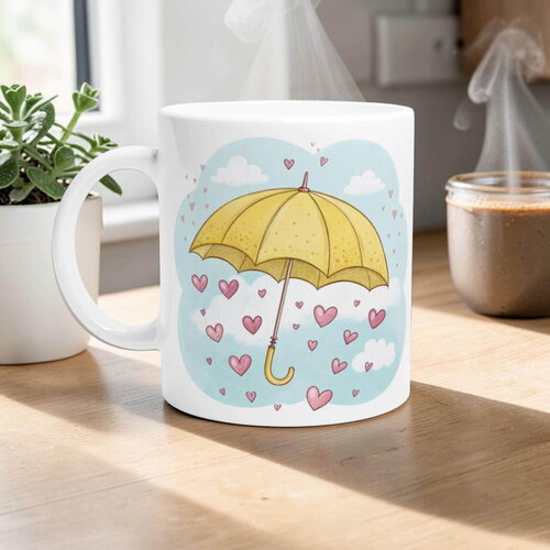 Mug parapluie jaune & pluie de cœurs – tasse aquarelle enchantée, cadeau positif & optimiste