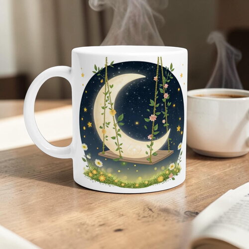 Mug enchanté balançoire lunaire - tasse aquarelle nuit céleste, cadeau onirique pour elle