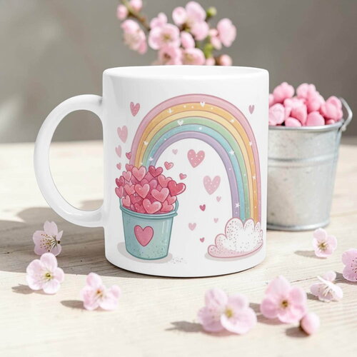 Mug arc-en-ciel seau de cœurs - tasse aquarelle pastel, cadeau enchanté amour & espoir