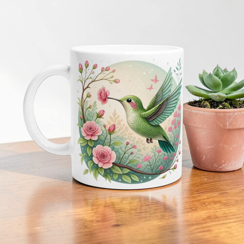 Mug colibri émeraude - tasse aquarelle florale, cadeau botanique passion nature