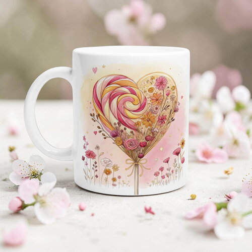 Mug fleur sucette cœur – tasse aquarelle florale, cadeau douceur fête des mères & saint-valentin