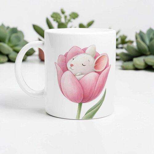 Mug souris dans sa tulipe – tasse aquarelle printanière, cadeau floral & animalier onirique