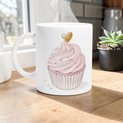 Mug cupcake rose & cœur doré – tasse aquarelle pâtisserie, cadeau gourmand & girly chic