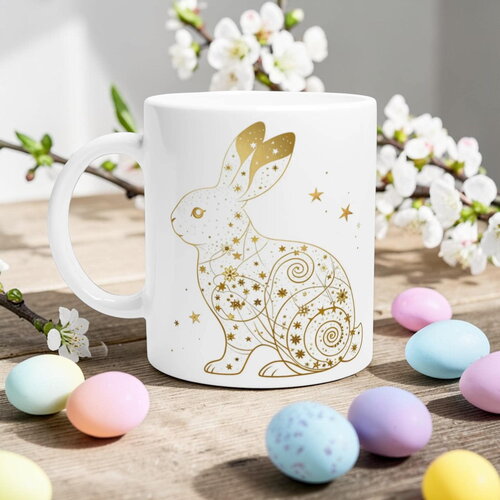 Mug lapin céleste – étoiles dorées & motifs lunaires, tasse aquarelle mystique