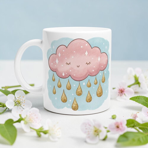 Mug nuage rose et pluie d'or – tasse aquarelle céleste, cadeau kawaii & onirique