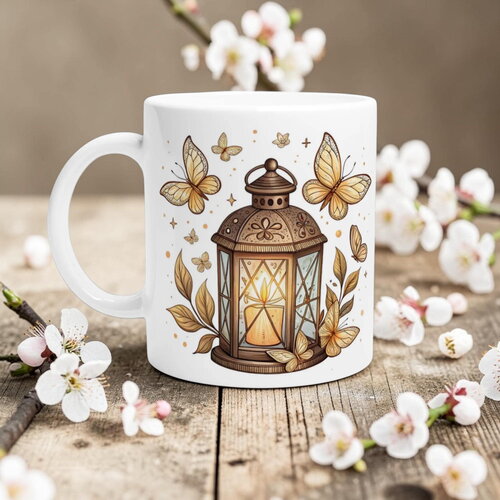 Mug lanterne vintage & papillons dorés – tasse aquarelle cottagecore, cadeau magique & chaleureux