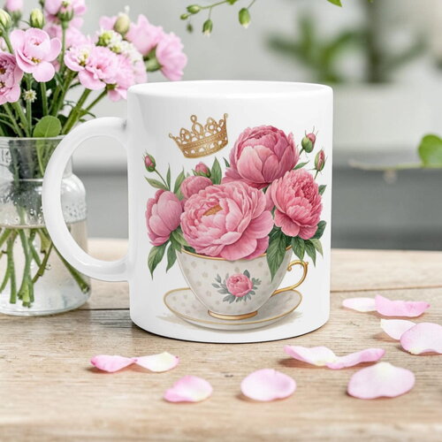 Mug pivoine royale & couronne d'or – tasse aquarelle shabby chic, cadeau luxe & féminin