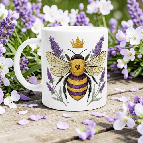Mug queen bee & lavande – tasse aquarelle abeille royale, cadeau cottagecore & nature