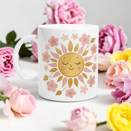 Mug soleil bohème & fleurs – tasse aquarelle rayonnante, cadeau positif & spirituel