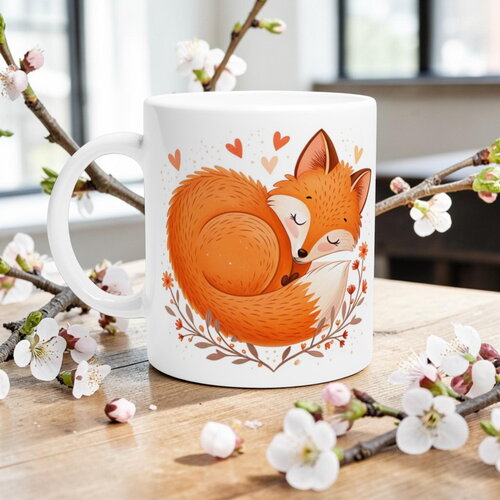 Mug renard endormi – tasse aquarelle forêt d'automne, cadeau cocooning & floral