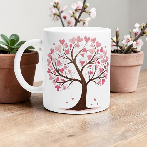Mug arbre aux cœurs roses – tasse aquarelle romantique, cadeau de saint-valentin & mariage