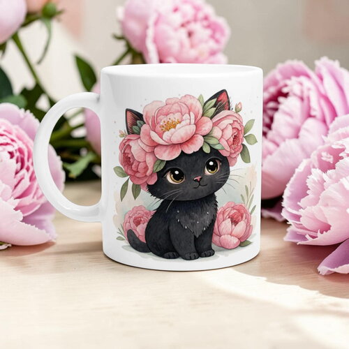 Mug chaton noir & pivoines – tasse aquarelle florale, cadeau chat & cottagecore