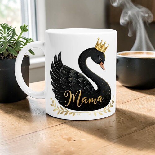 Mug maman cygne noir royal – tasse aquarelle couronne d'or, cadeau de luxe fête des mères