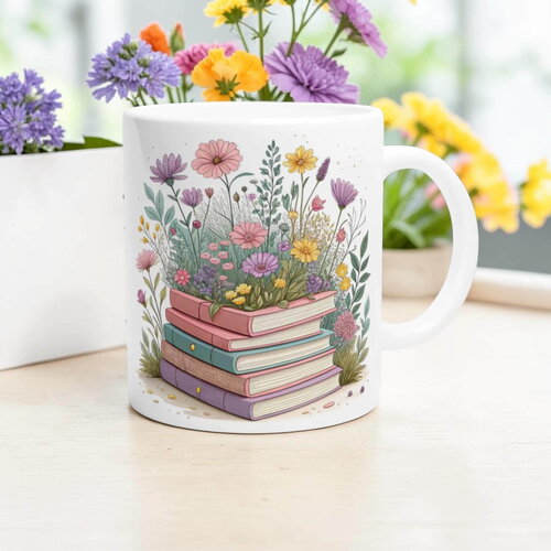 Mug pile de livres & fleurs sauvages – tasse aquarelle littéraire, cadeau pour bibliophiles