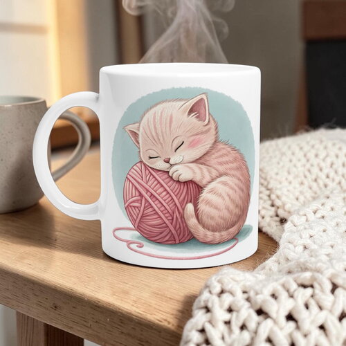 Mug chaton endormi & pelote de laine – tasse aquarelle cozy, cadeau pour tricoteuses & amoureux des chats