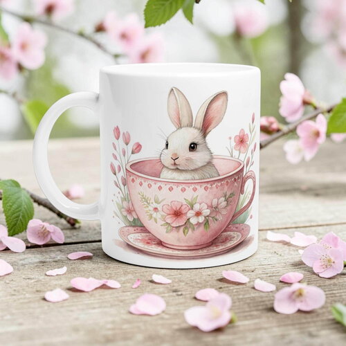 Mug lapereau dans sa tasse – aquarelle florale & lapin, cadeau cottagecore & onirique