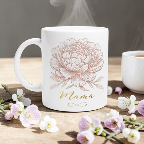 Mug maman pivoine or rose – tasse aquarelle botanique, cadeau de luxe fête des mères