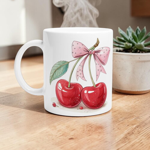 Mug cerises et nœud rose – tasse aquarelle coquette-core, cadeau vintage & esthétique