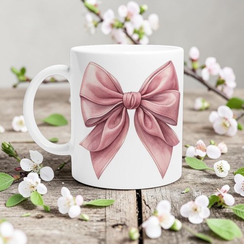 Mug nœud rose coquette – tasse aquarelle balletcore, cadeau girly & esthétique soft girl