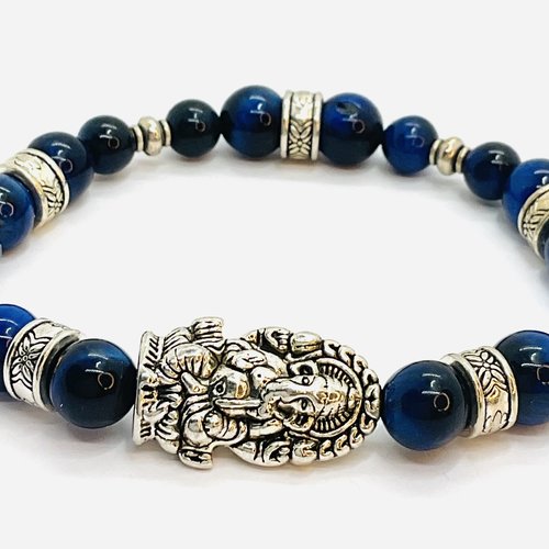 Bracelet « ganesh » en oeil de tigre bleu 8 et 6 mm