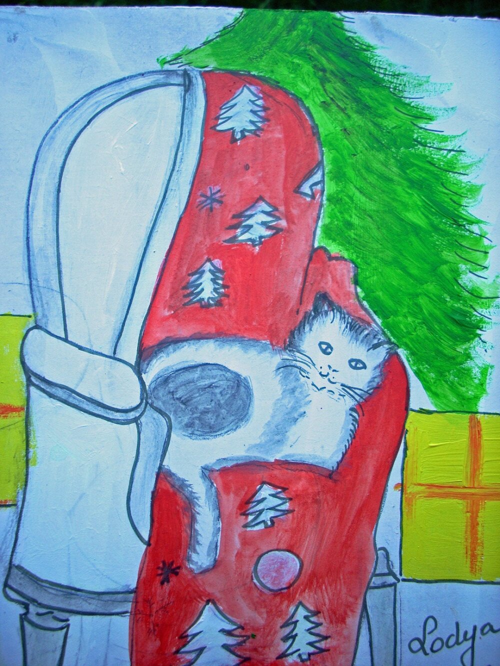 Tableau De Noel Le Chat Et Le Sapin Christmas Painting The Cat And The Firtree Un Grand Marche