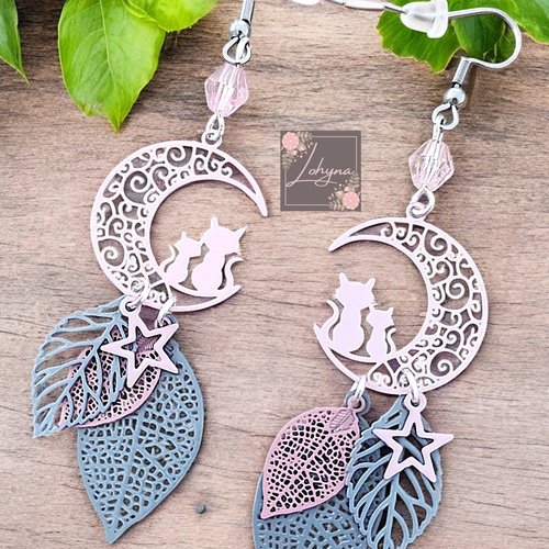 Boucles d'oreilles filigrane " le chat et la lune"