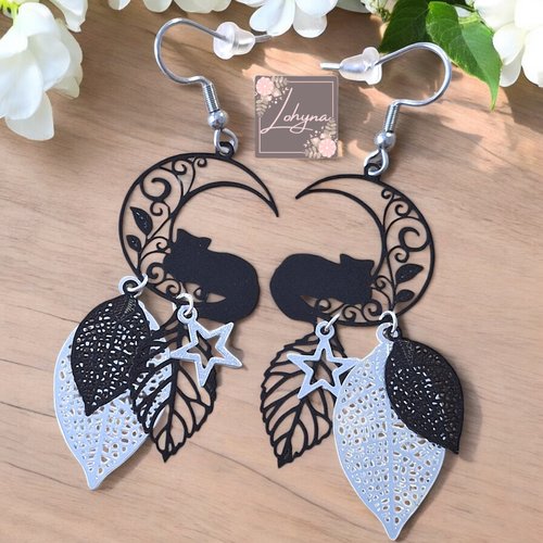 Boucles d'oreilles filigrane "chat et le croissant de lune"