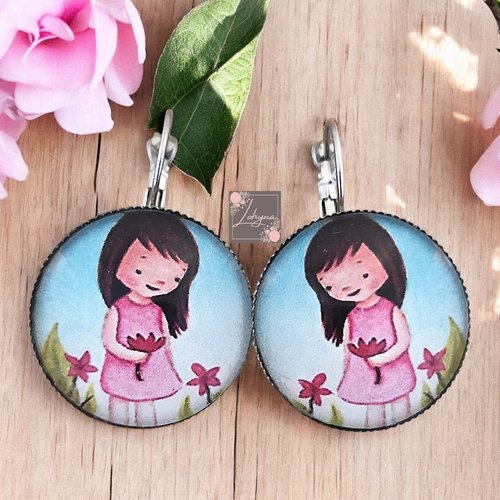 Boucles d'oreilles cabochon "fille aux fleurs"