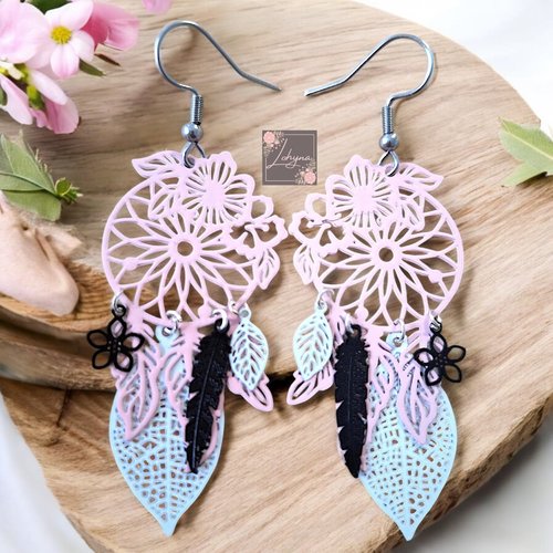 Boucles d'oreilles filigrane "attrape-rêve rose"