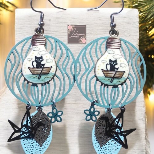 Boucles d'oreilles filigrane "le chat et la barque"