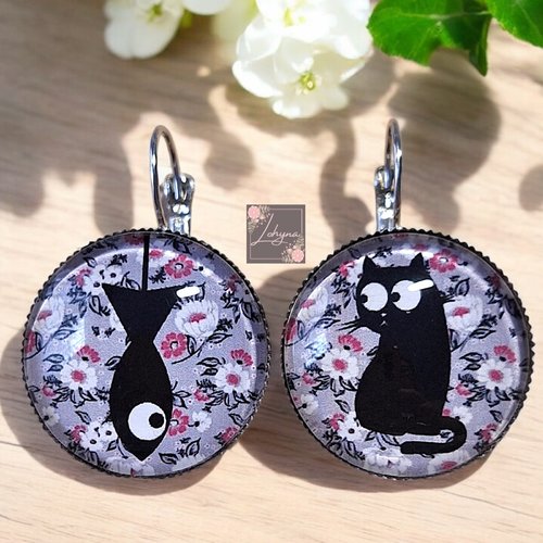 Boucles d'oreilles dépareillées cabochon "poisson et chat"