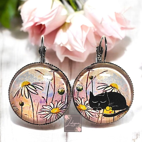 Boucles d'oreilles cabochon "le repos du chat"