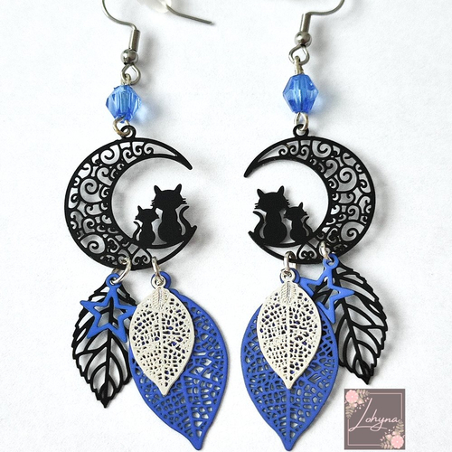 Boucles d'oreilles filigrane "chat et la lune"