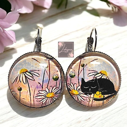 Boucles d'oreilles cabochon "le repos du chat"