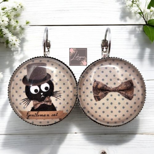 Boucles d'oreilles cabochon "le chat gentleman"