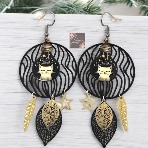 Boucles d'oreilles chat "or et noir"