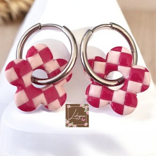 Boucles d'oreilles créoles interchangeables "vichy"