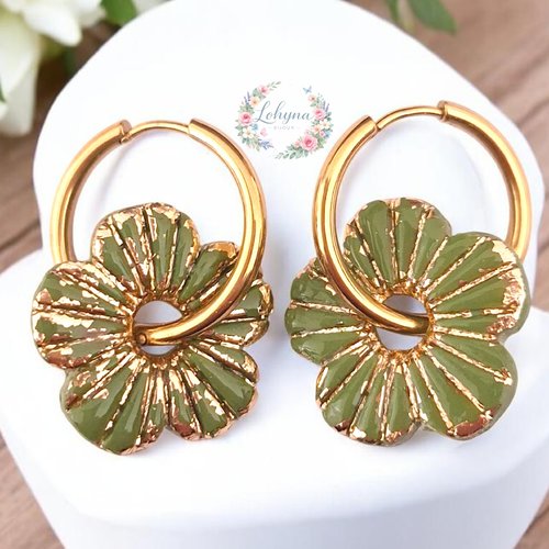 Boucles d'oreilles créoles interchangeables "mélina - vert olive"