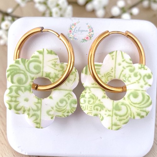 Boucles d'oreilles créoles interchangeables "ava - vert sauge"