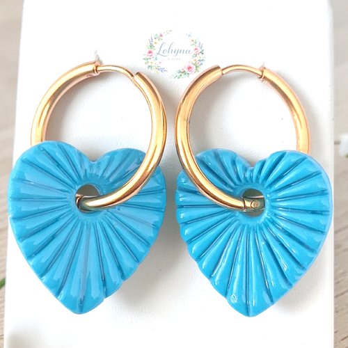 Boucles d'oreilles créoles interchangeables "cœurs turquoise"