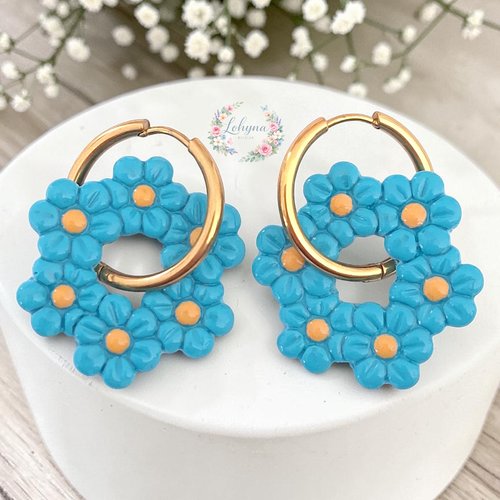 Boucles d'oreilles créoles interchangeables "marguerites - turquoise"