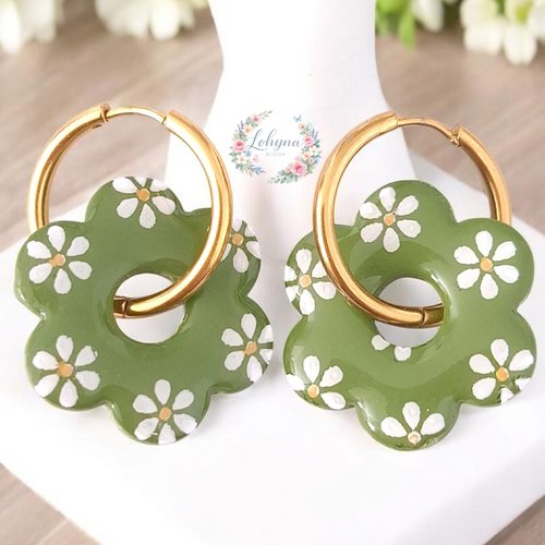 Boucles d'oreilles créoles interchangeables "daisy - vert olive"