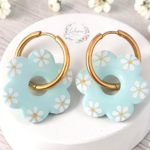 Boucles d'oreilles créoles interchangeables "daisy - bleu menthe"