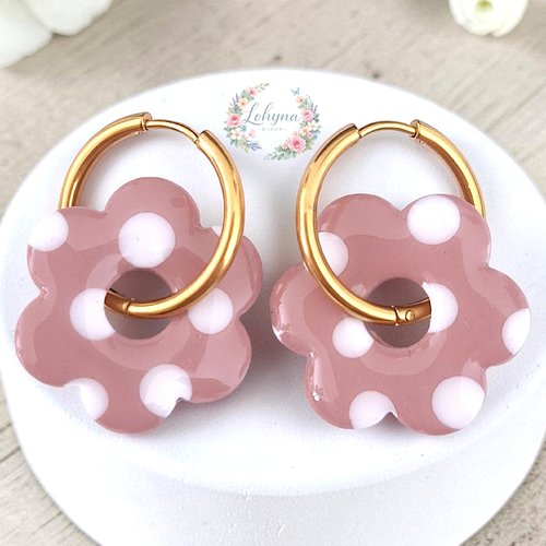 Boucles d'oreilles créoles interchangeables "camélia - vieux rose"