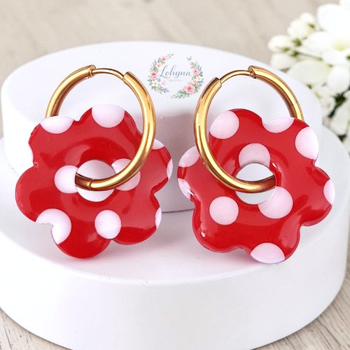 Boucles d'oreilles créoles interchangeables "camélia - rouge"