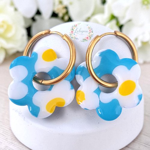 Boucles d'oreilles créoles interchangeables "bohème - bleu turquoise"